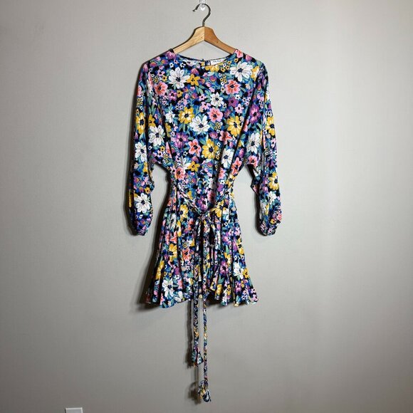 Storia Balloon Sleeve Floral Mini Swing Dress Women's Small Multicolor Belted - Picture 2 of 13